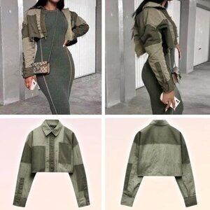 ZARA Cropped Patchwork Shirt Sz XS Green